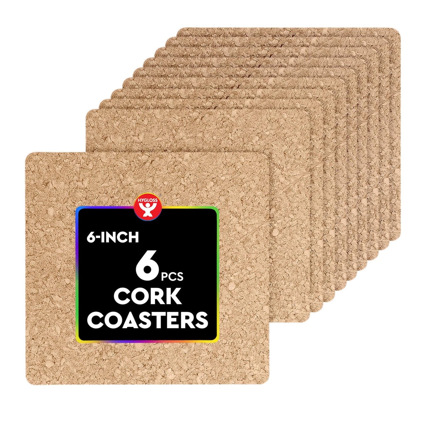 Hygloss Products Natural Cork Coasters - Eco Friendly Absorbent Square for Drinks, Trivets, and DIY Crafts, 3mm, 6 inch, Set of 6