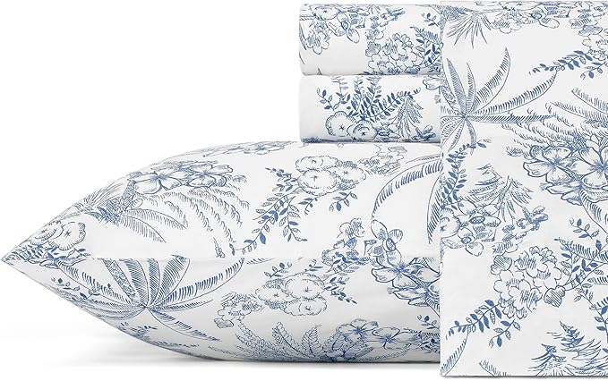 Tommy Bahama - King Sheets, Cotton Percale Bedding Set, Crisp & Cool, Stylish Bedding Set (Pen and Ink Palm Blue, King)(USHSA01035855)