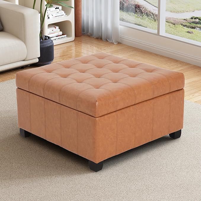 Christopher Knight Home Mervy PU Storage Ottoman with Button and Stitching, Faux Leather Indoor Upholstered Ottoman for Living Room Bedroom Home Office, Square Flip Top Foot Rest Bench, Light Brown