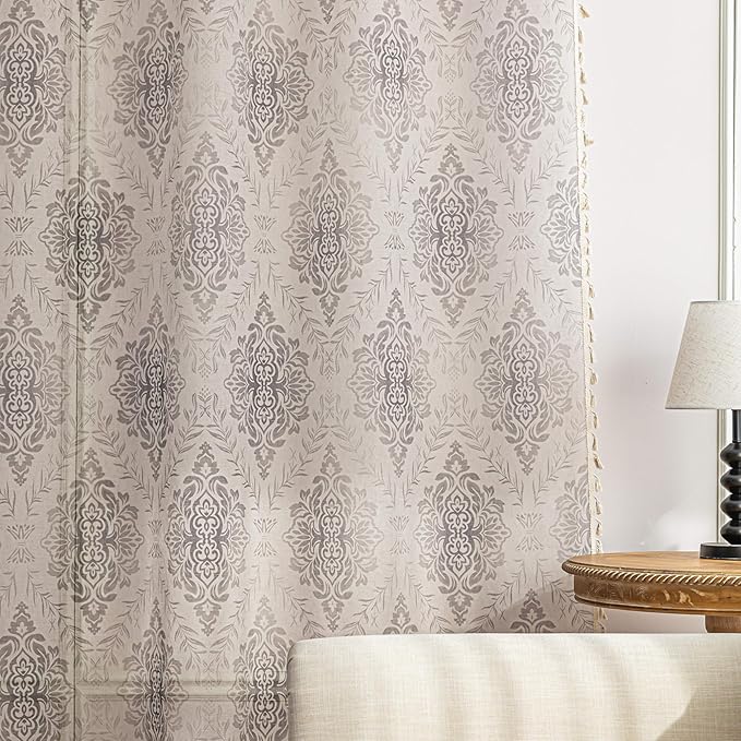 Khaki Geometric Sheer Curtains 72 inch Long, Fringed Edges and Textured Semi Sheer Curtains Large Window Treatments for Living Room/Bedroom, 2 Panels