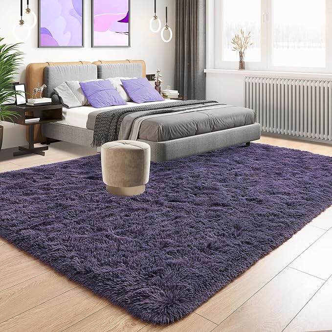Tepook Super Soft Fluffy Rug for Bedroom, Modern Shaggy Fuzzy Kids Rugs for Living Room, Plush Indoor Nursery Home Decor Dorm Carpet with Non-Slip Bottom, Gray Purple, 4 X 6 Feet