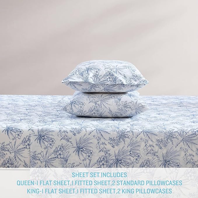 Tommy Bahama - King Sheets, Cotton Percale Bedding Set, Crisp & Cool, Stylish Bedding Set (Pen and Ink Palm Blue, King)(USHSA01035855)