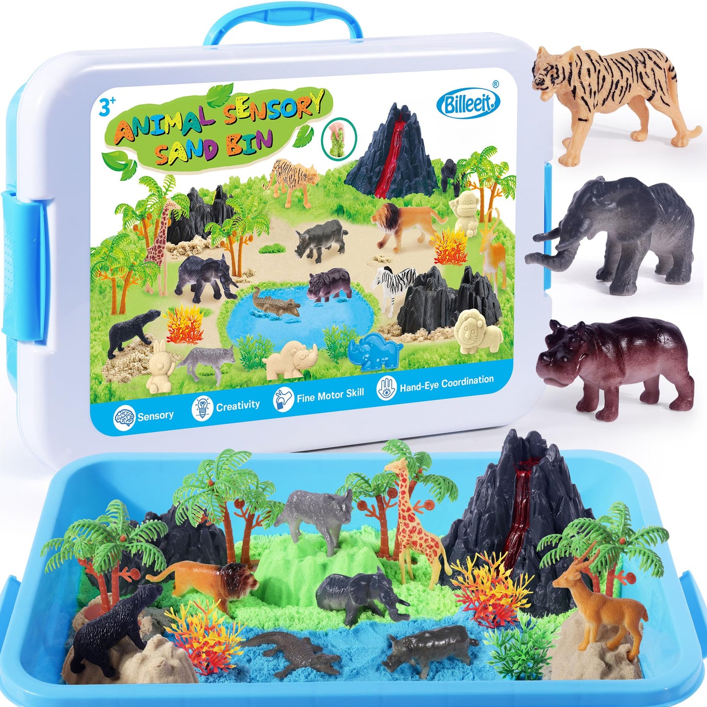 Billeeit Animal Sensory Bin Sand Toy, Play Sand Kit w/lid and 2.2lbs Moldable Sensory Sand, Molds, Tools, Map Set 35pcs Total, Fun Gifts for Kids 3+