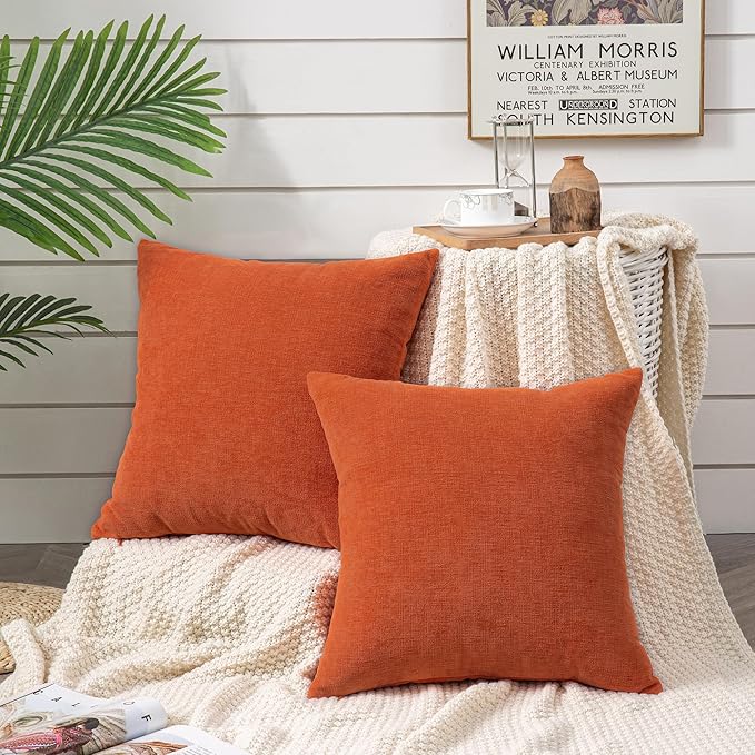 GAWAMAY Decorative Chenille Throw Pillow Covers 26x26 Inch Pack of 2, Soft Square Couch Pillow Cover for Sofa Cushion Living Room Bedroom Solid Dyed Oversized Pillowcases Orange 66x66cm (ONLY Covers)