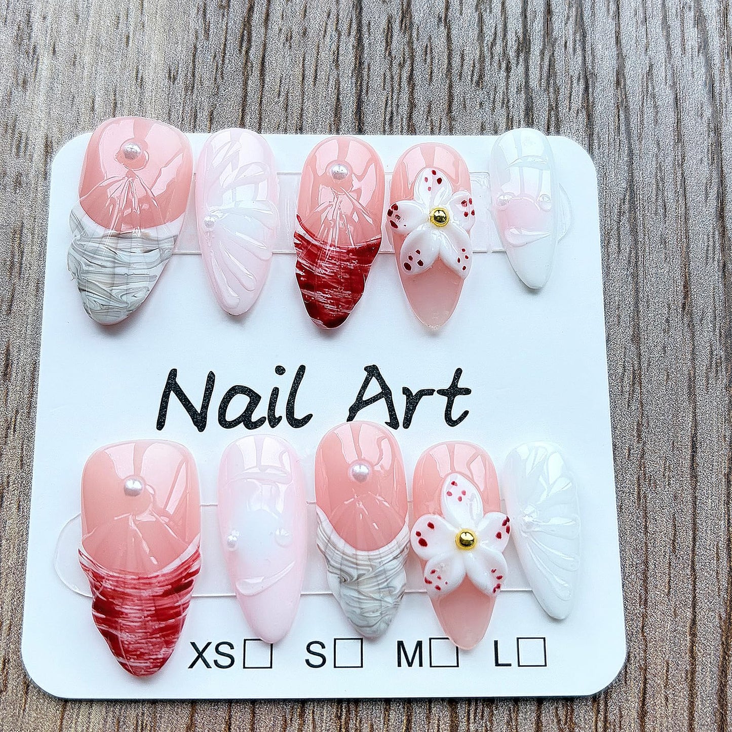 Threelegscat 10 PCS Handmade Almond Press on Nails Medium French Tip Fake Nails 3D Flower and Pearl accents for Women Daily& Gift Size M