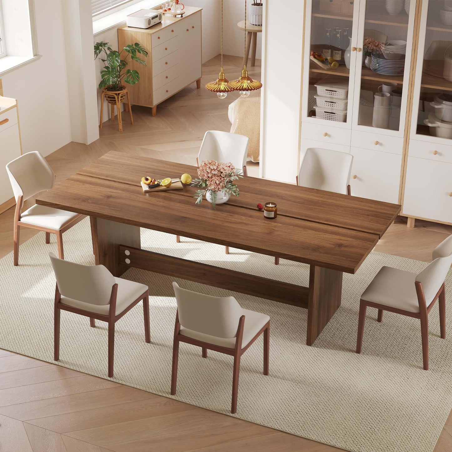 86.6" Mid-Century Modern Dining Table for 8-10, Rectangle Kitchen Table with Sturdy Base, Wooden Dining Room Table for Living Room, Kitchen, Walnut Brown