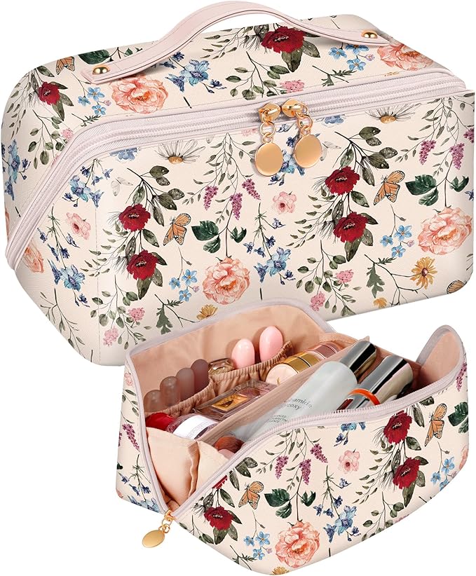 Bistup Makeup Bag Travel Cosmetic Bag Toiletry Make Up Bags Cute Women Large Capacity Big Medium Leather Flower Floral Aesthetic Girl Teen Teenage Foldable Expandable Open Flat Zip