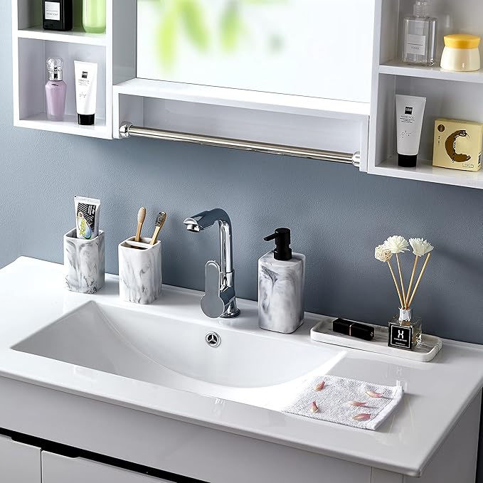 ZCCZ Toothbrush Holder for Bathrooms, White Marble Look Toothpaste and Makeup Holder, Brushes and Razors Holder, Vanity Bathroom Countertop Organizer, Toothbrush Cup