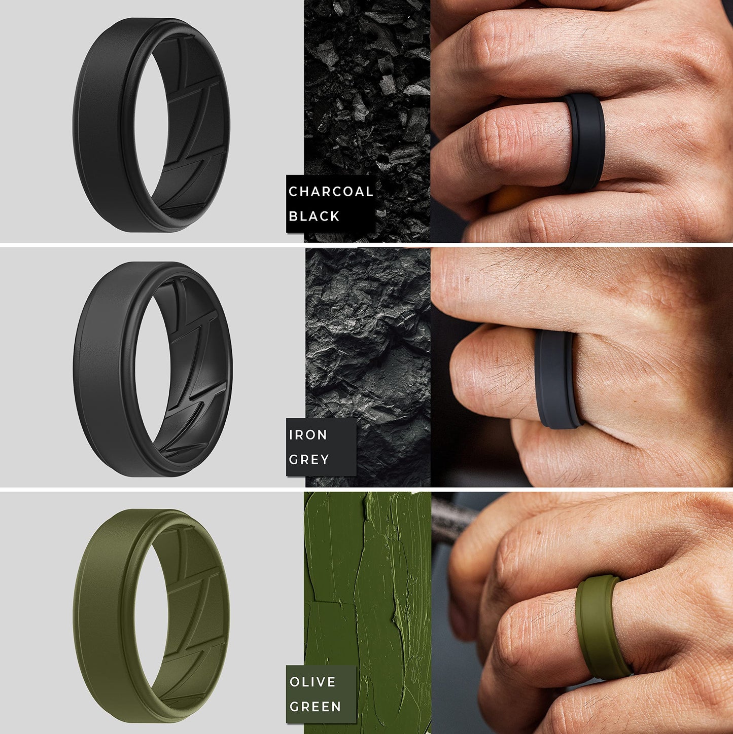 ThunderFit Silicone Wedding Rings for Men Breathable Airflow Inner Grooves, Step Edge Sleek Design Rubber Engagement Bands 8mm Wide 2mm Thick, Variety Multipack 1-7