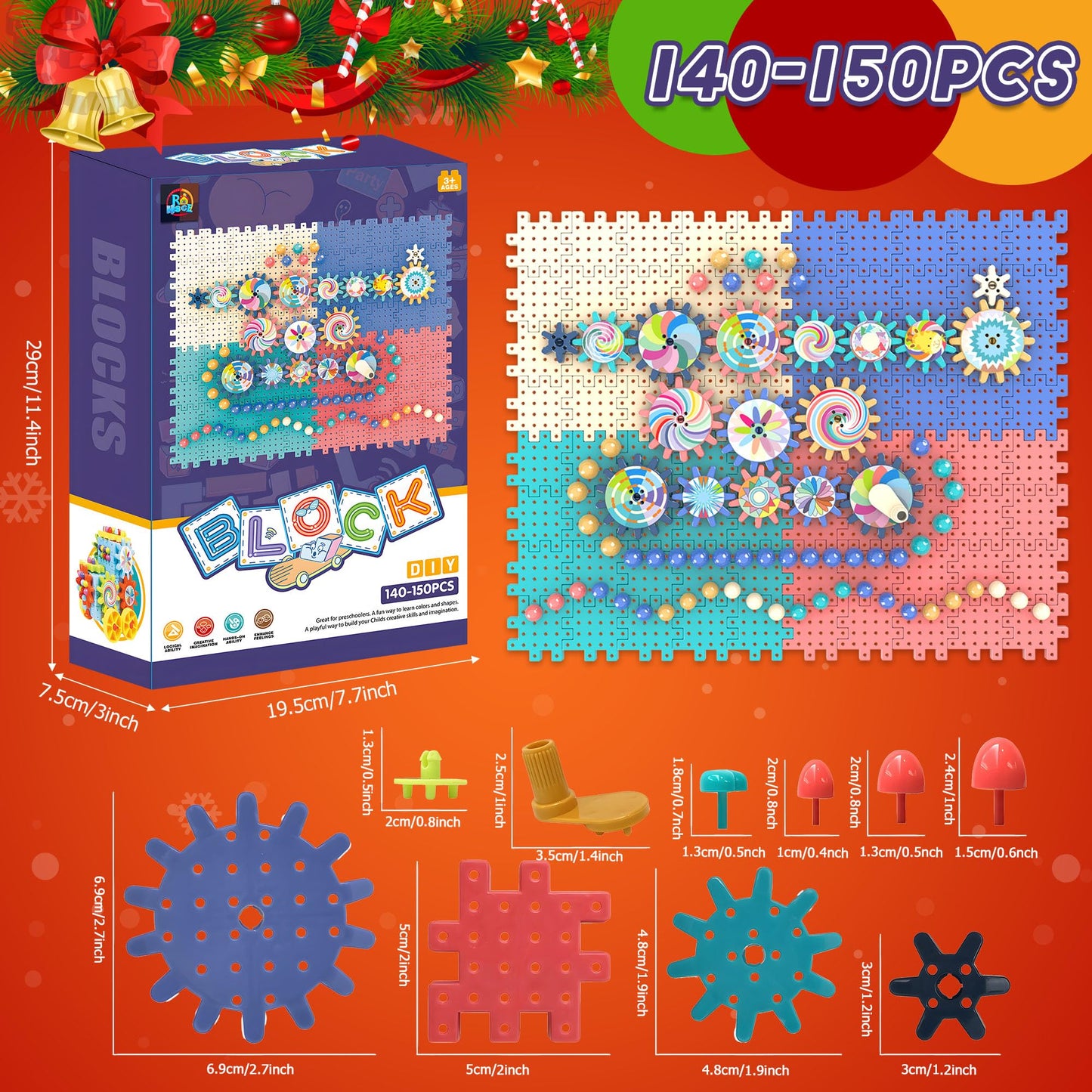 ROHSCE Gear Toys Interlocking Building Blocks, 150 Piece Educational Engineering Building Toys Set, Creative Construction STEM Kits for Boys Girls, Waffle Blocks for Kids Ages 3+