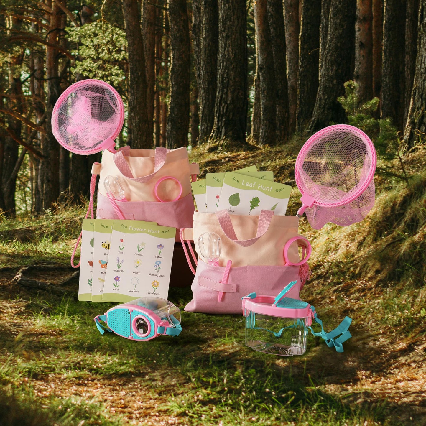 ROBOTIME 2-Person Bug Catcher Kit for Kids - Complete Pink Outdoor Explorer Set with Double Tools for Siblings & Friends (Ages 3+)