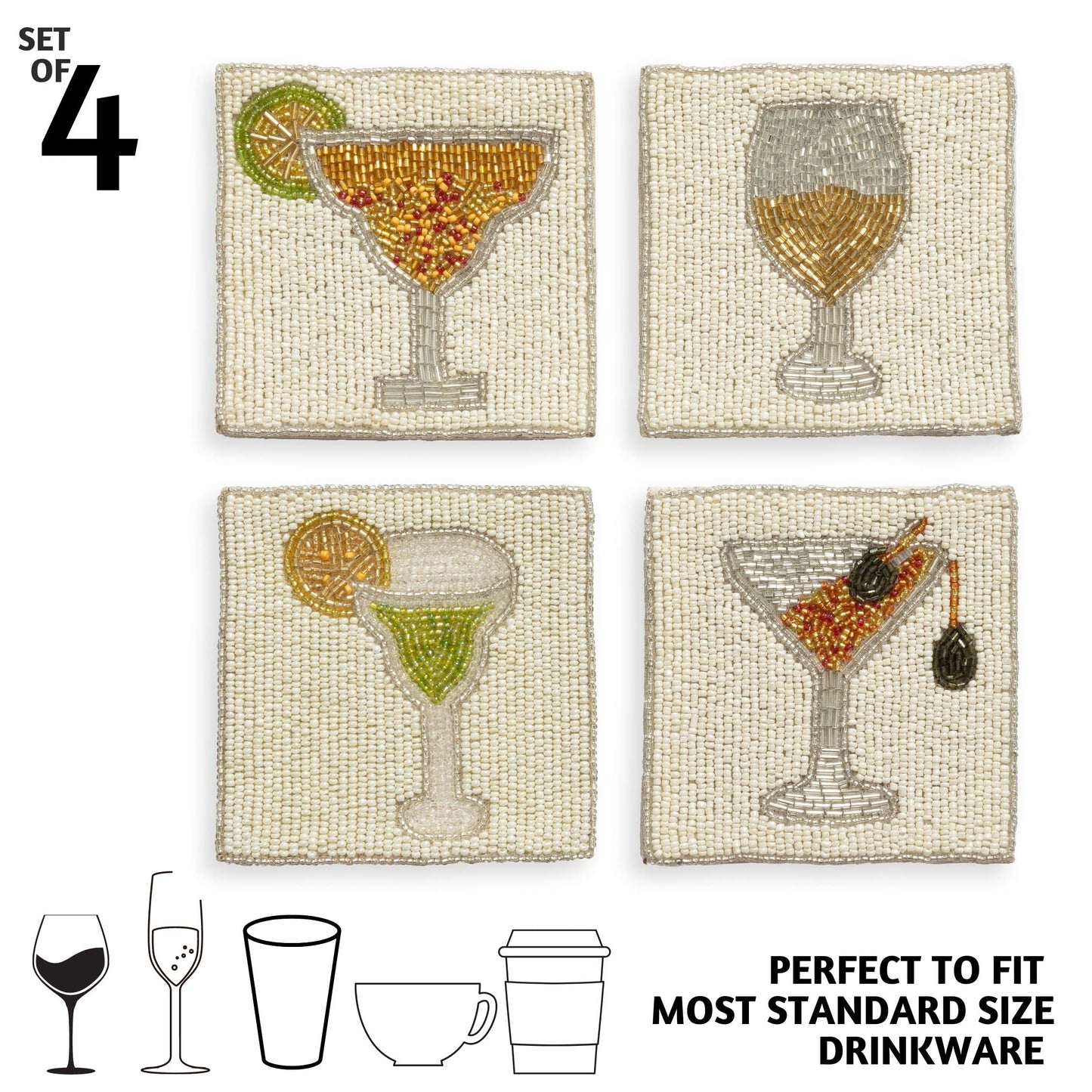 Folkulture Coasters Set of 4 (4")| Beaded Cocktail Handmade Square Drink Coasters for Coffee Table & Bar | Boho Home & Party Décor | Hand-Crafted Cute Coasters for Housewarming Gifts