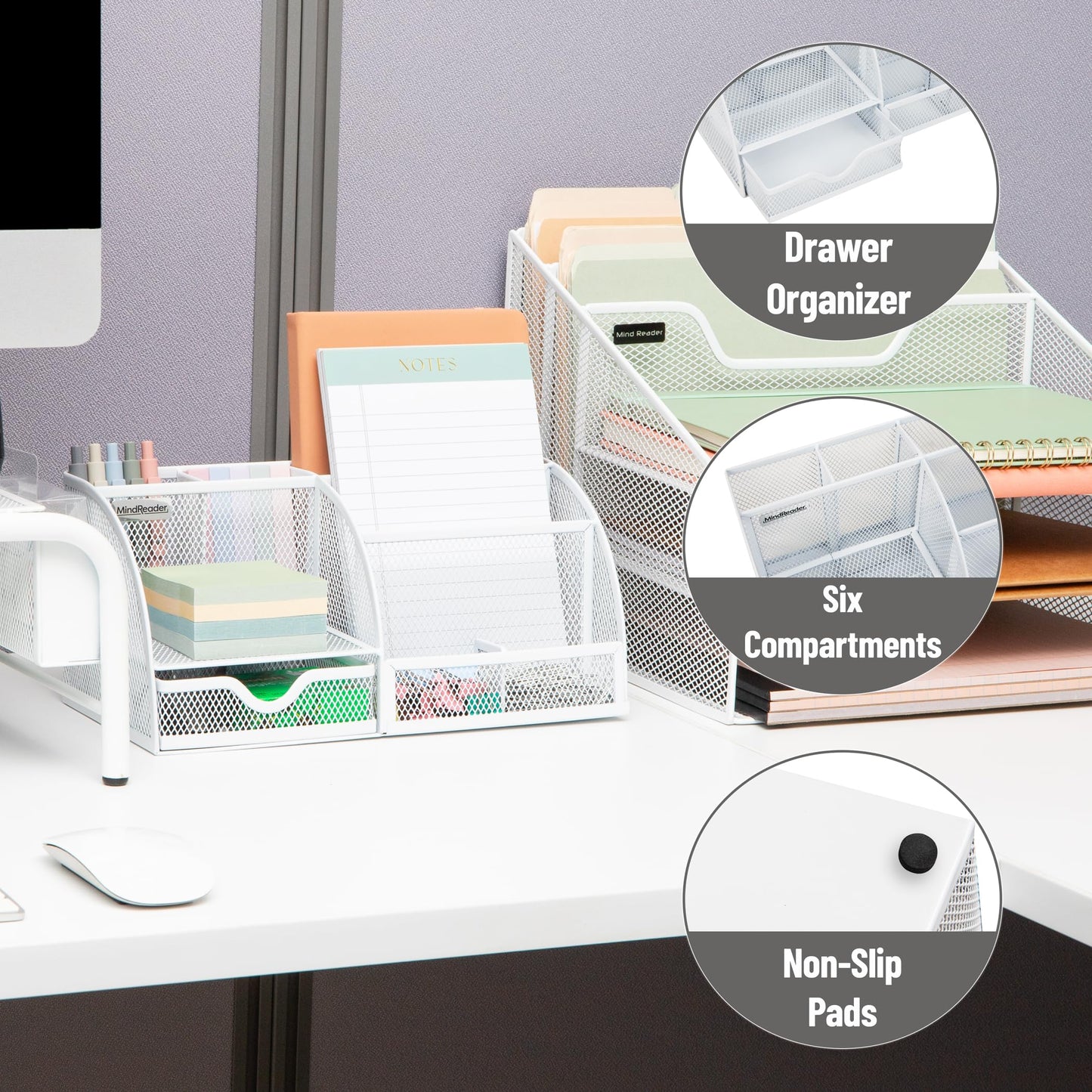 Mind Reader 7-Compartment Desktop Organizer, File & Accessory Storage, Metal Mesh Office Organizer for Desk, Workspace, Mail, White