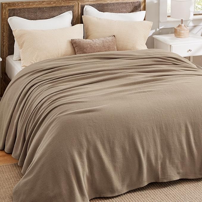 Bedsure 100% Cotton Blanket King Size for Bed - Breathable and Lightweight, Soft Cozy Textured Herringbone Woven Blanket for Summer Spring, Tan, 108x90 inches