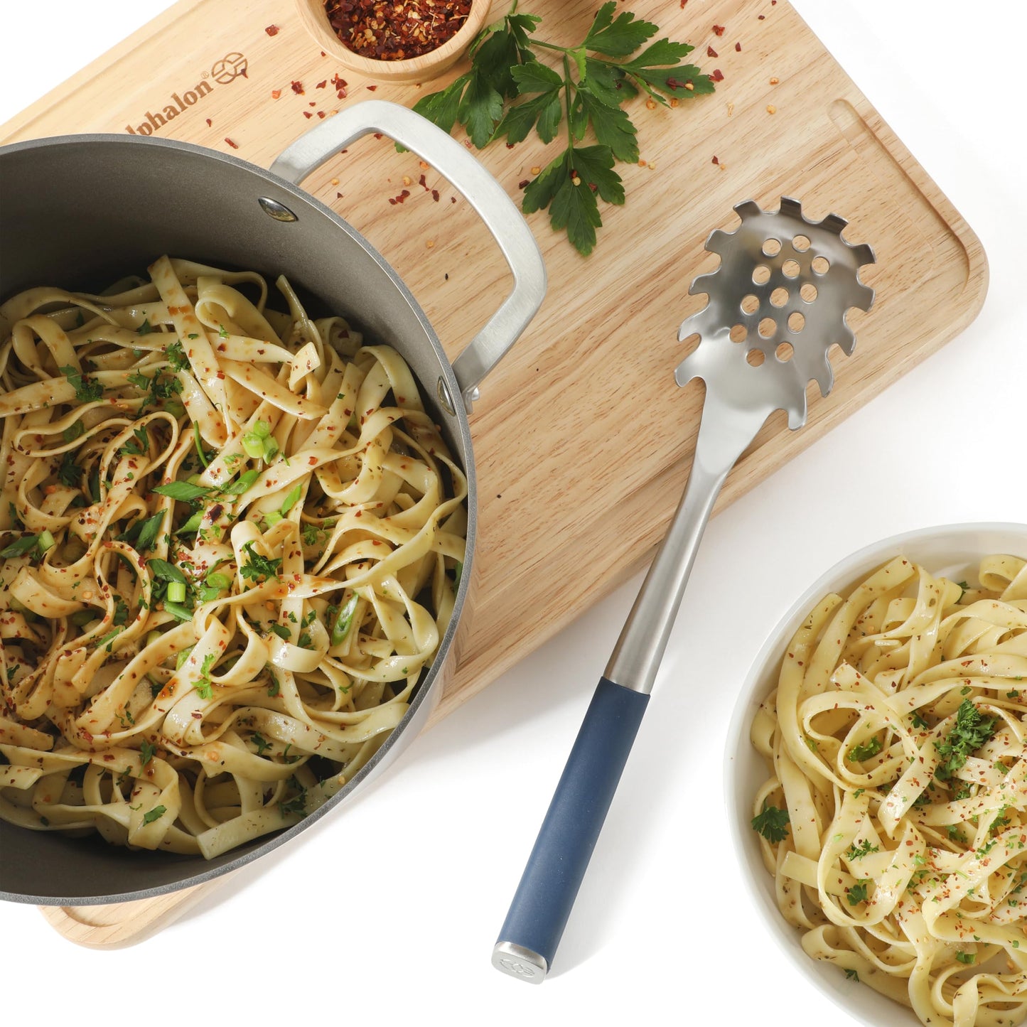 Calphalon Edge Stainless Steel Spaghetti Pasta Server w/Thermoplastic Rubber Handle - Navy Blue