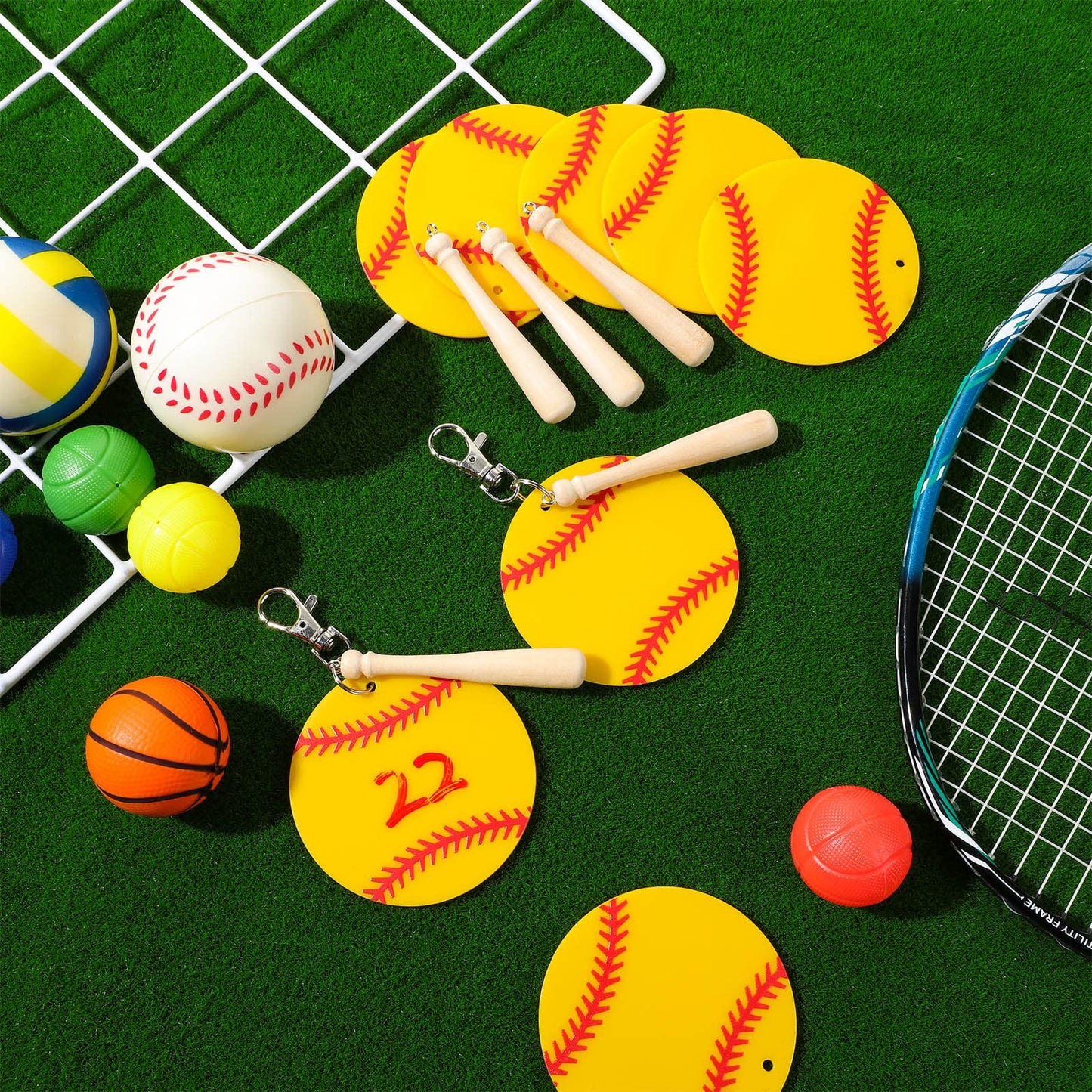 Cunno 36 Pcs Basketball Baseball Softball Tennis Acrylic Keychain Blank Kit 12 Acrylic Keyring 12 Swivel Snap Hook Keychain(Yellow Baseball, 3 Inch)