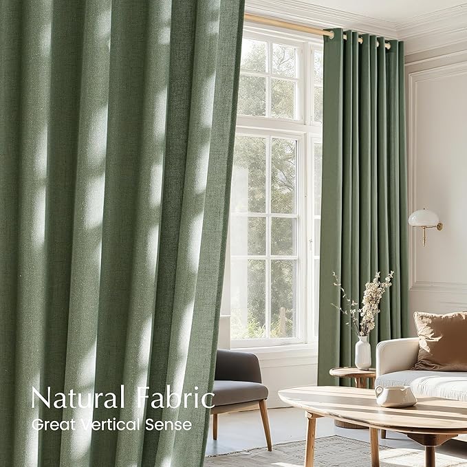 NICETOWN Linen Forest Green Curtains 96 inches Long, Grommet Privacy Assured Linen Blend Window Treatments with Light Filtering for Living Room/Bedroom, W55 x L96, 2 Panels