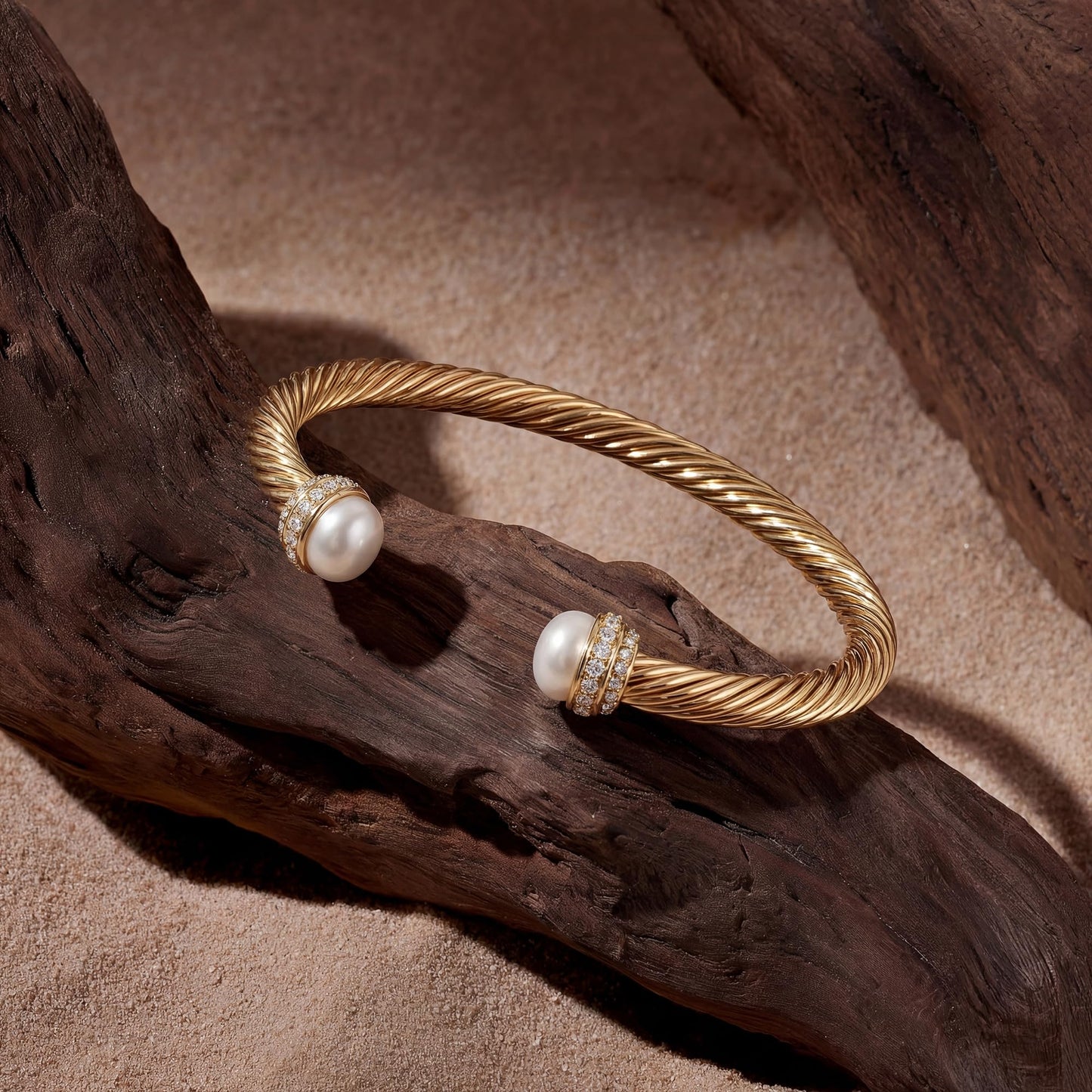 Fettero Gold Cuff Bangle Bracelets for Women - 14K Gold Plated Adjustable Open Cuff Friendship Bracelets Elegant Twisted Cable Bangle Bracelet Lightweight Pearl Bracelet for Dainty Jewelry