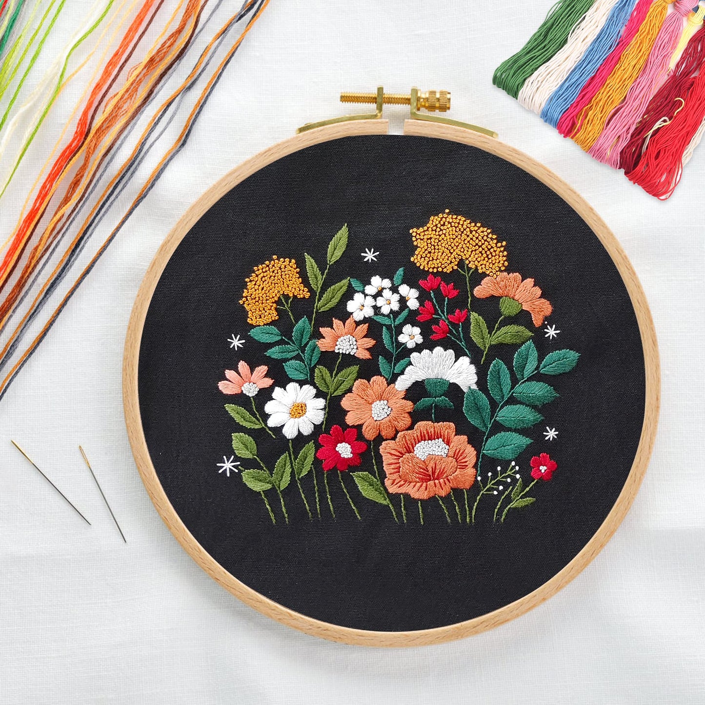MAMUNU Canvas Tote Bag Embroidery Kit with Pattern for Beginners, Arts and DIY Crafts Kits for Adults, Include Instructions Embroidery Bag, Embroidery Hoops, Color Threads and Tool (Black)