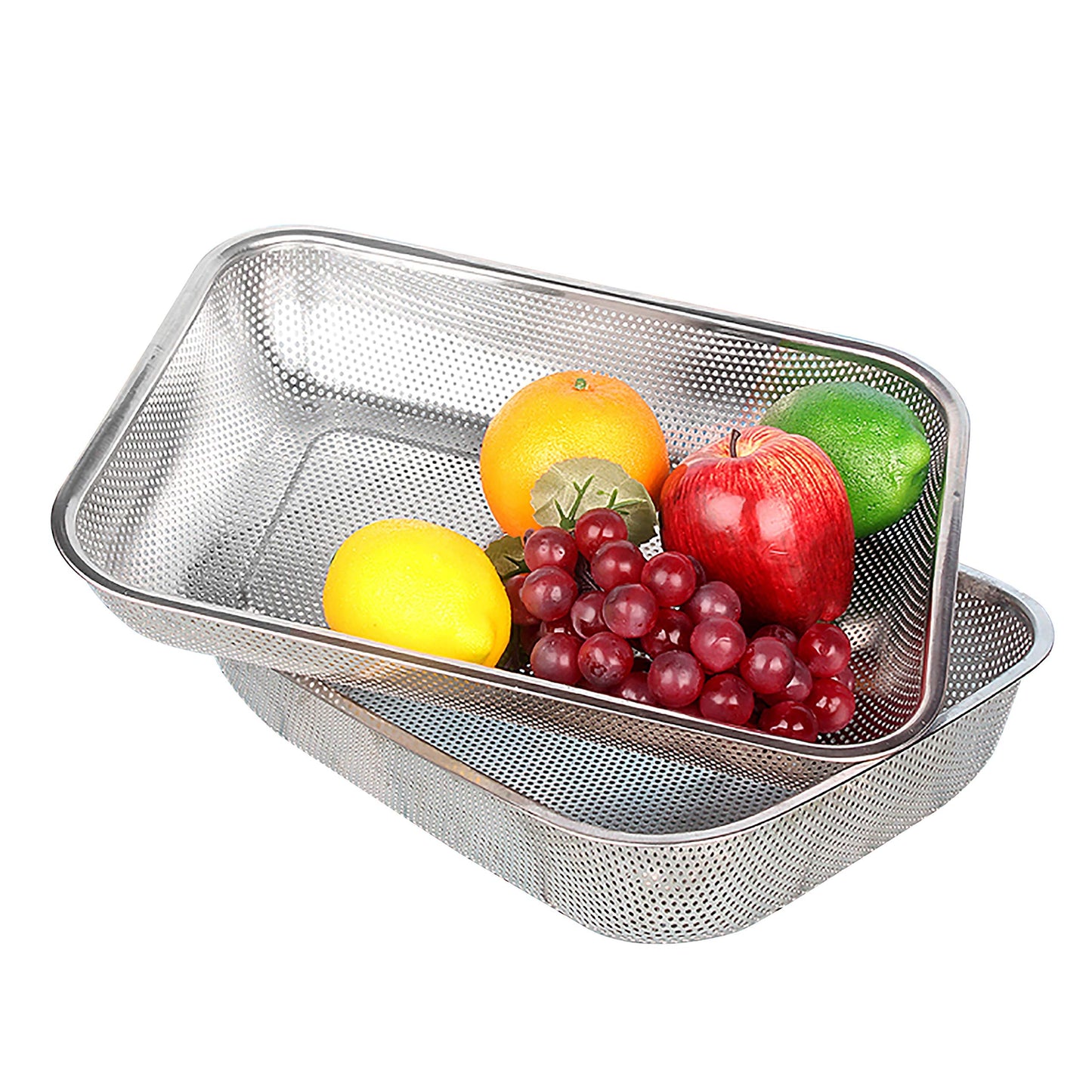 Cedilis 2 Pack Large Stainless Steel Colander Strainer, 6 Quart Mesh Vegetable Washing Basket, Rectangle Drainer Sink Basket for Vegetable Fruit Food (15" x 11" x 2.6")