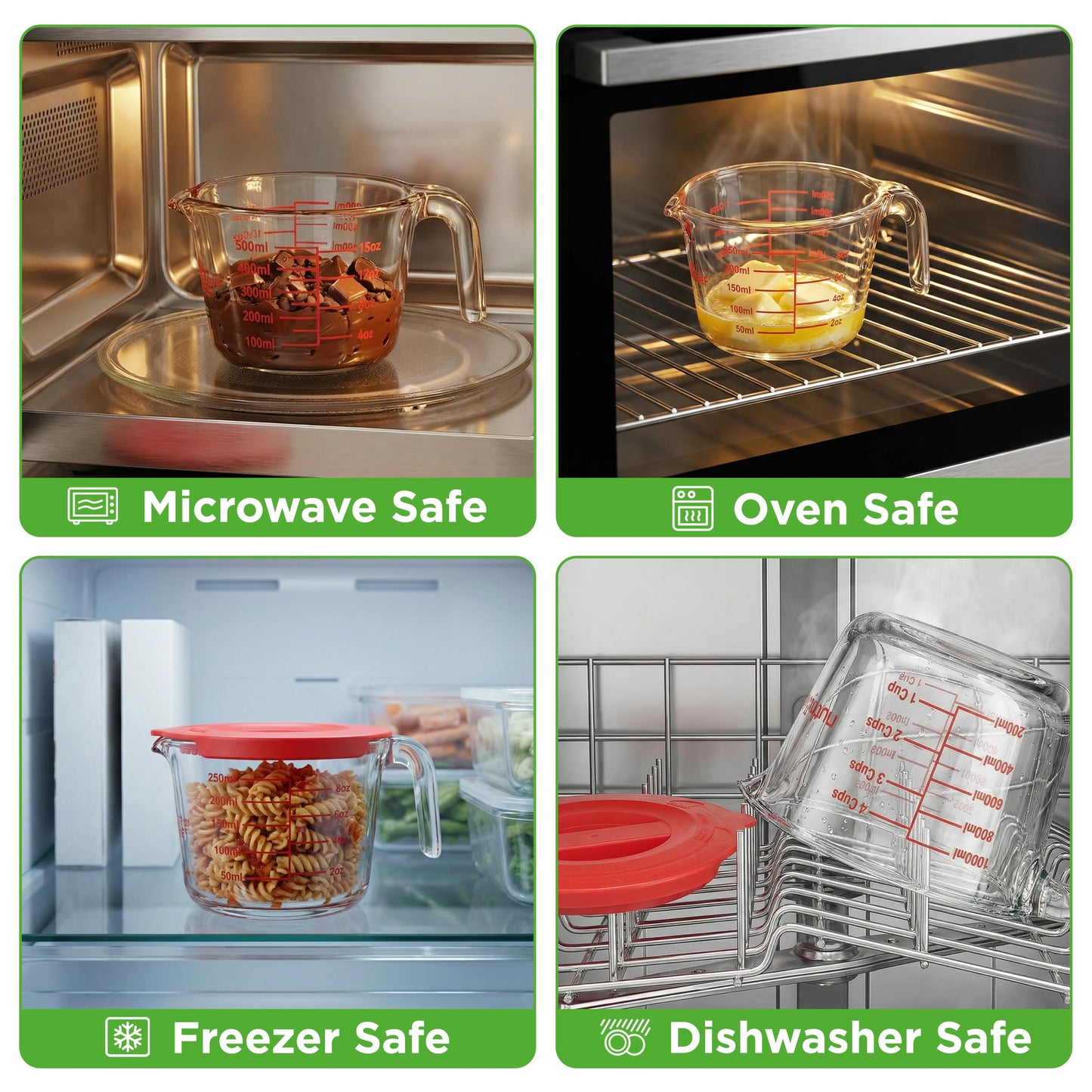 NutriChef 1,2 and 4 Cups Glass Measuring Cup Set with Lids (8, 17 and 34 oz) - Heat-Resistant Borosilicate Liquid Measure Cups with Easy-Read Scale for Cooking, Baking & Food Storage, Dishwasher Safe