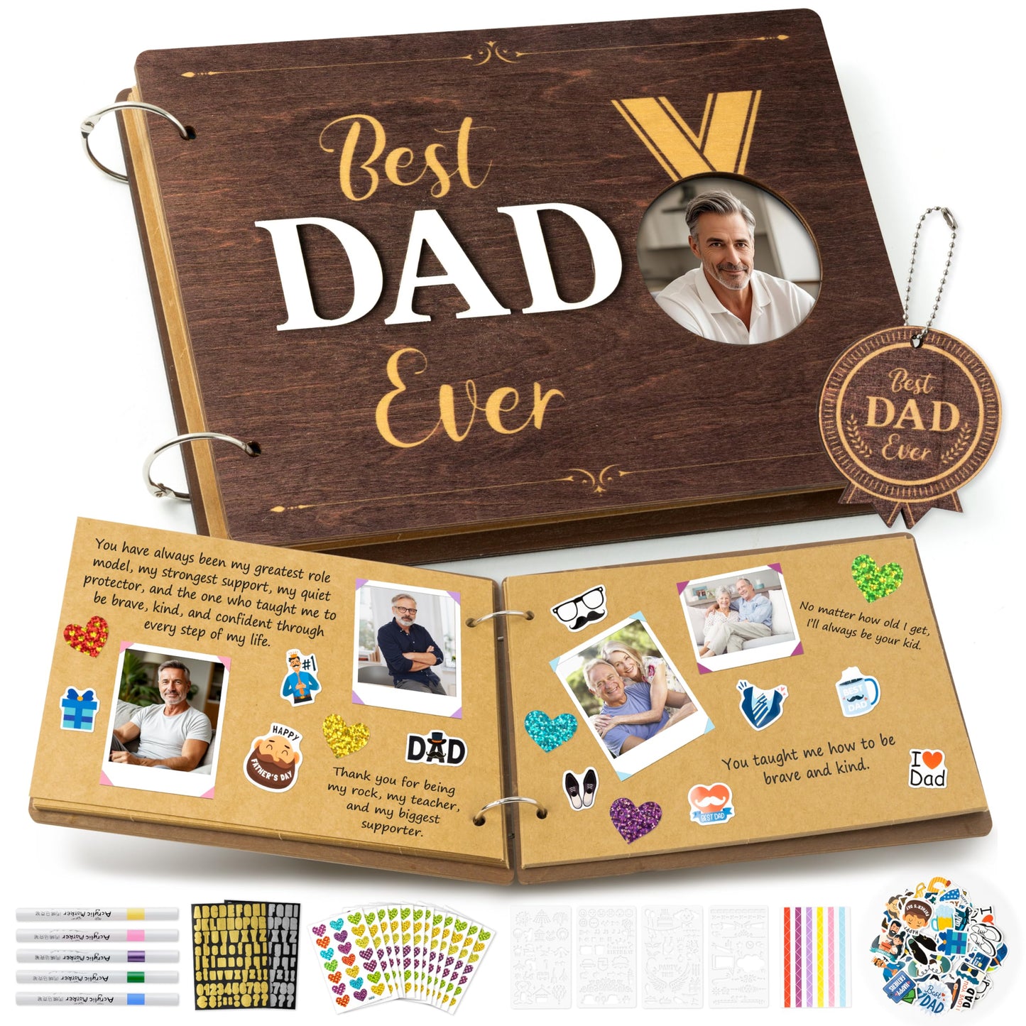 CY2SIDE Best Dad Ever Album Scrapbook - Father’s Day Wooden Scrapbook Craft Kit, DIY Photo Memories Book with 30 Pages Birthday Gift for Father’s Day, DIY Handmade Scrapbook Gift for Dad Grandpa