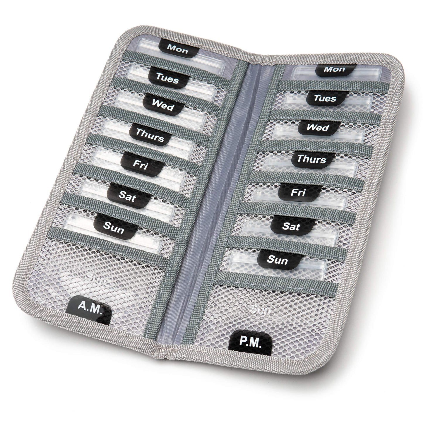 TeloTravel AM/PM Bi-Folding Pill Organizer + Supplement Case for OTC Medicine, Prescription + Vitamins - 14 Labeled Monday-Sunday Slide Lock Pouches, Grey Travel Pill Case