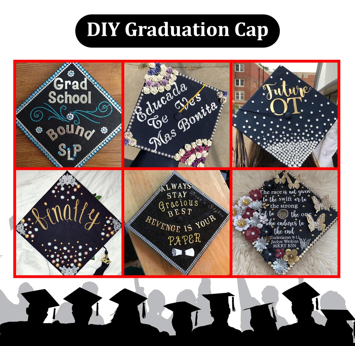 Graduation Cap Topper Kit 25 Count 9x9 Inch Black Glitter Caps with 150 Adhesive Dots for DIY Decorating Mortarboard Decoration Supplies