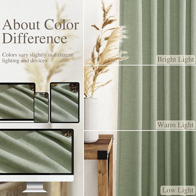 Sheer Light Sage Linen Curtains 102 Inches Long Rod Pocket Back Tab Drapes 2 Panels Set for Living Room Light Filtering Semi Sheer Pale Green Curtain 102 Length for Patio Sliding Glass Door 52x102