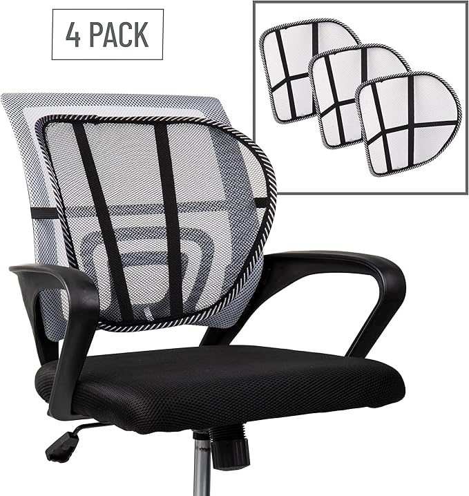 Mind Reader Ergonomic Lower Back Support, Office Chair Cushion, Posture Corrector, Mesh, 15.5" L x 15" W x 5" H, Set of 4, Black
