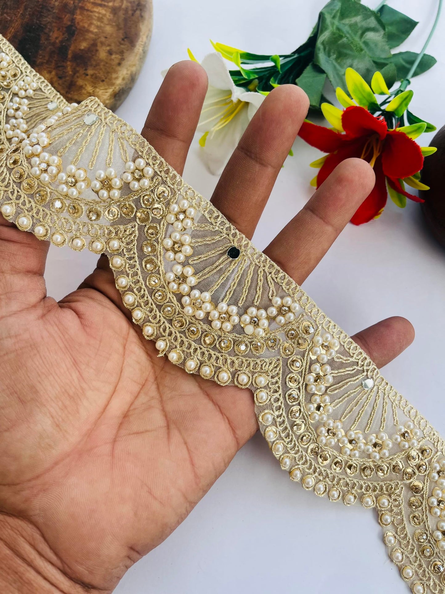 Soft Gold Scallop Lace Trim with Pearl and Rhinestone Embellishment, 2.25 Inch Wide, Available in 1, 3 and 6 Yard (1)