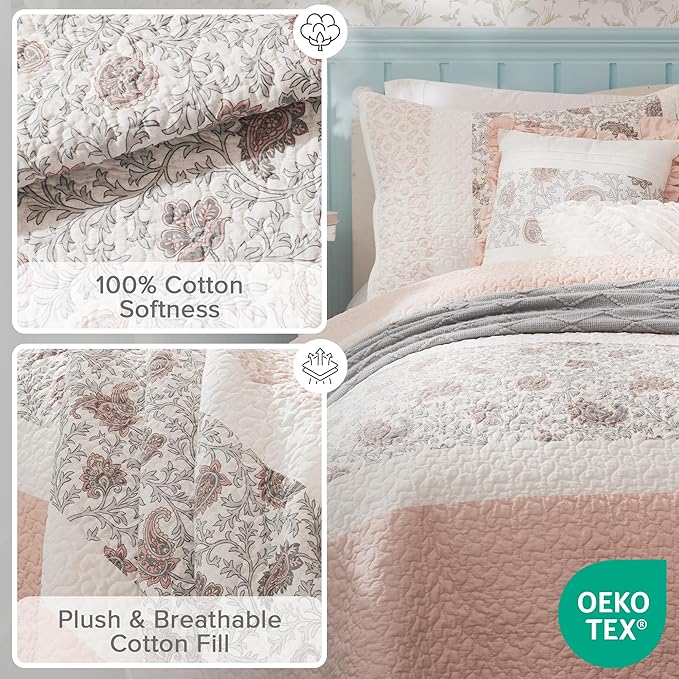 Madison Park 100% Cotton Quilt Set Floral Print, Double Sided Stitching, All Season, Lightweight Coverlet Shabby Chic Bedding Layer, Matching Shams, King/Cal King, Blush 6 Piece