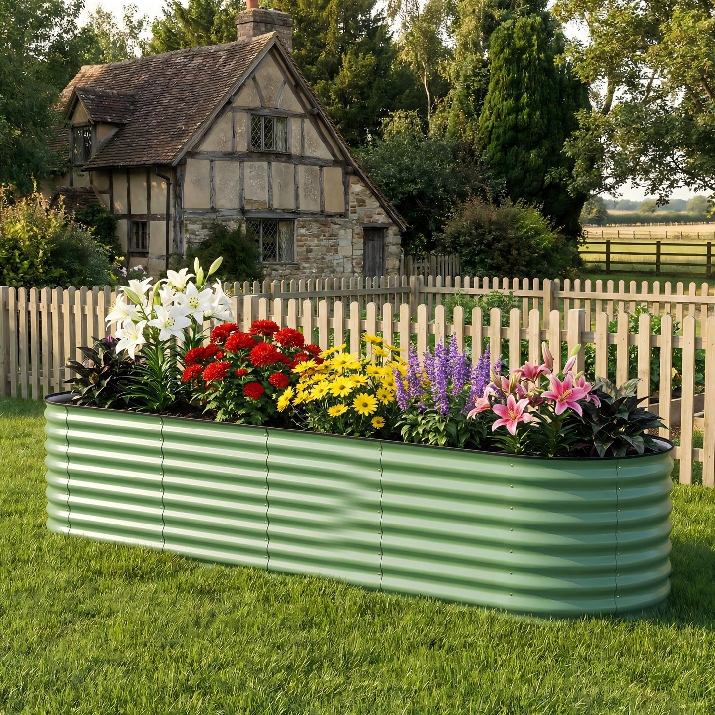 Garvee 8x2x1.5ft Galvanized Raised Garden Bed, Oval Metal Planter Box with Anti-Cut Safety Edges, 179 Gallons Rust-Resistant Deep Root Planter for Outdoor Vegetables, Flowers, Herbs, Green