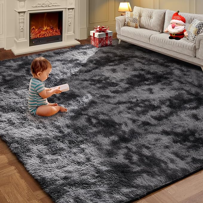 KNZE 9X12 Feet High Pile Tie-Dye Rug, Dark Grey, Area Rug for Living Room, Plush Shag Carpet for Kids Room, Extra Large Fuzzy Rug, Soft Home Decor