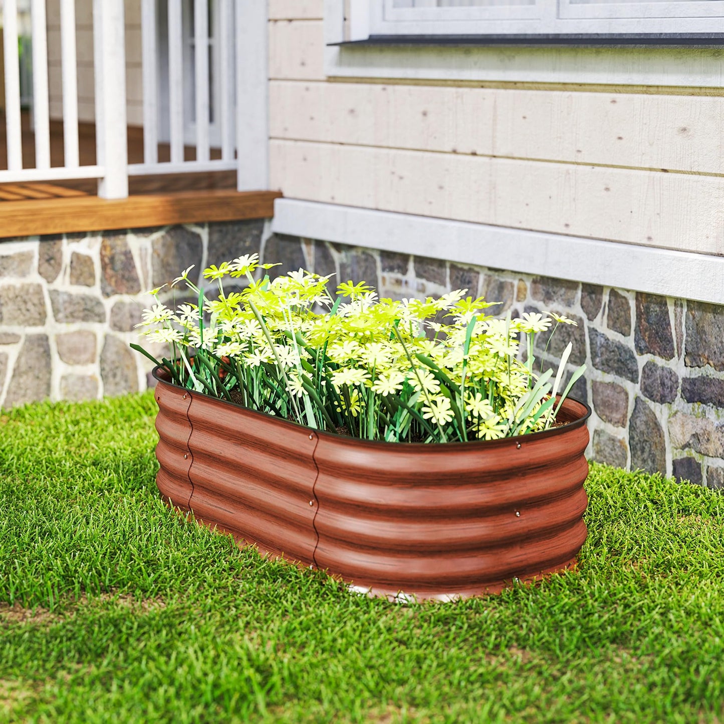 Outsunny 3.5' x 2' x 1' Galvanized Raised Garden Bed Kit, Outdoor Metal Elevated Planter Box with Safety Edging, Easy DIY Stock Tank for Growing Flowers, Herbs & Vegetables, Brown