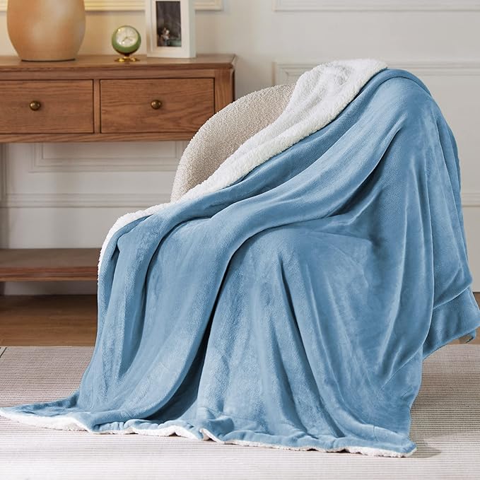 Bedsure Sherpa Fleece Throw Blanket Twin Size for Couch - Thick and Warm, Soft Fuzzy Plush Twin Blanket for Winter, Washed Blue, 60x80 Inches