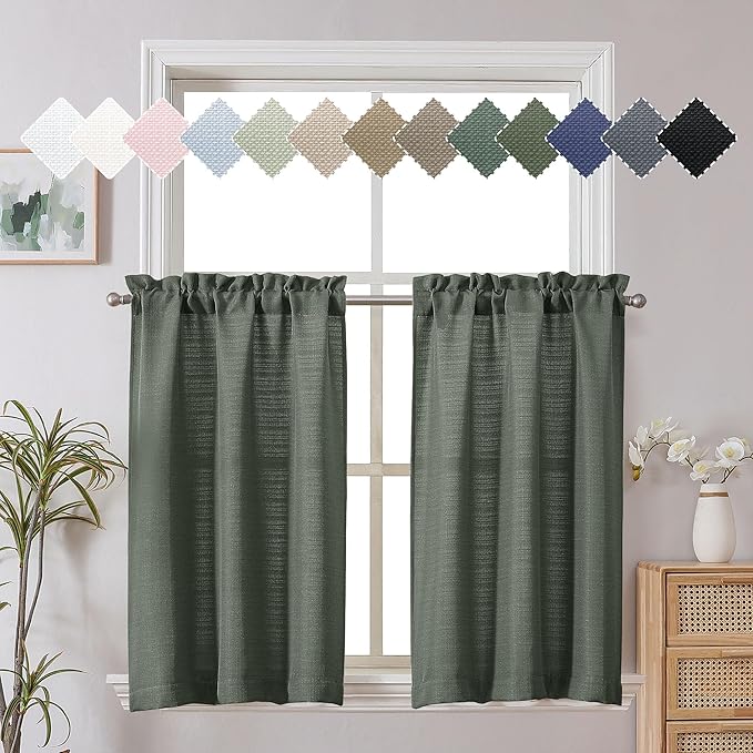 Chyhomenyc Bennet 2 Panels Olive Green Kitchen Curtains 24 Inch Length Tier Curtains, Faux Linen Textured Small Cafe Curtains, Light Filtering Short Window Curtains for Bathroom Basement, 30x24 Inch