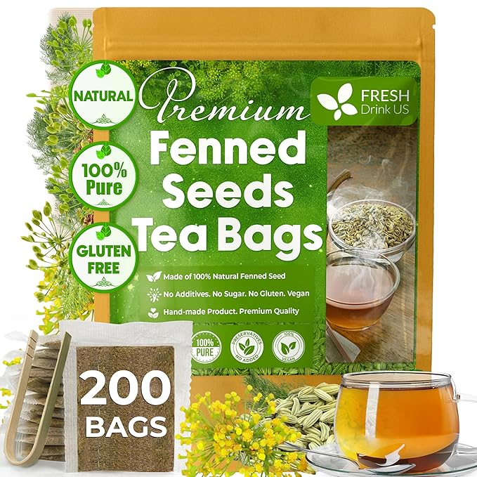 FreshDrinkUS, Premium 200 Fennel Tea Bags, 100% Natural & Pure from Fennel Seeds. Made with Natural Material Tea Bags. No Sugar, No Caffeine, No Gluten, Vegan.
