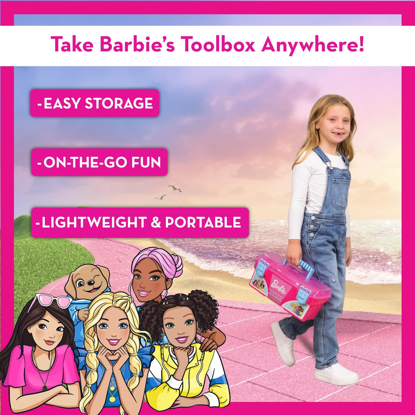 Barbie Tool Box Playset – 18 Piece Deluxe Tool Set, Pretend Play Construction Tools with Tape Measure, Girls Pink Tool Box with Handle, Perfect Preschool Role Play Toy for Kids