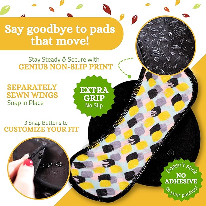 Non-Slip Organic Reusable Period Pads for Light Flow (S+M, 6-Pack); High-Temp Washable Cotton Cloth Pads for Women & Teens; Non-Irritating, Soft Reusable Pads Menstrual for Comfortable Period Care