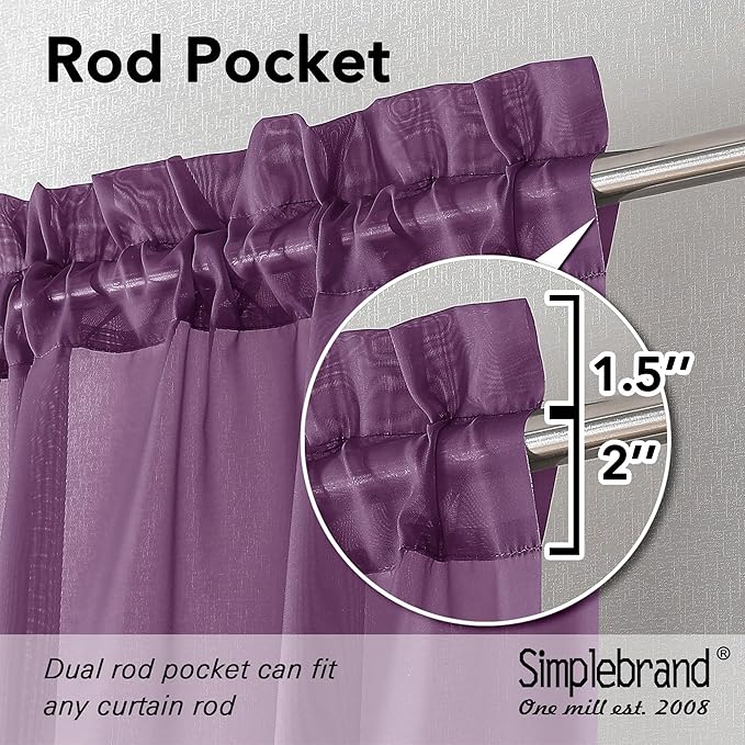 Simplebrand Plum Purple Sheer Curtains 96 Inches Long 2 Panels, Light Filtering Rod Pocket Solid Color Window Sheer Curtain Panels, Elegant Curtains & Drapes for Living Room, Bedroom, 42" W x 96" L