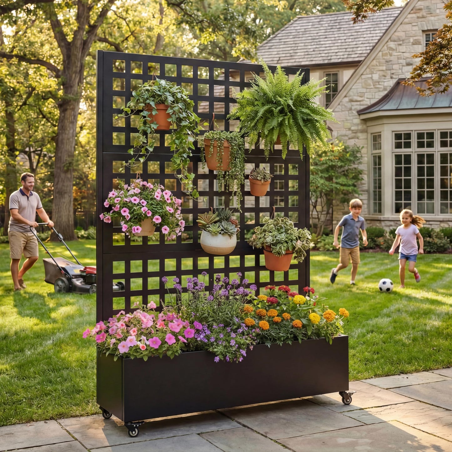 Jovkuan Metal Planter Box with Trellis Outdoor, 73"x47"x16"Garden Bed with Wheels and Trellis Privacy Screen & Drainage Holes & Lockable Casters for Climbing Plants, Vegetable, Vines