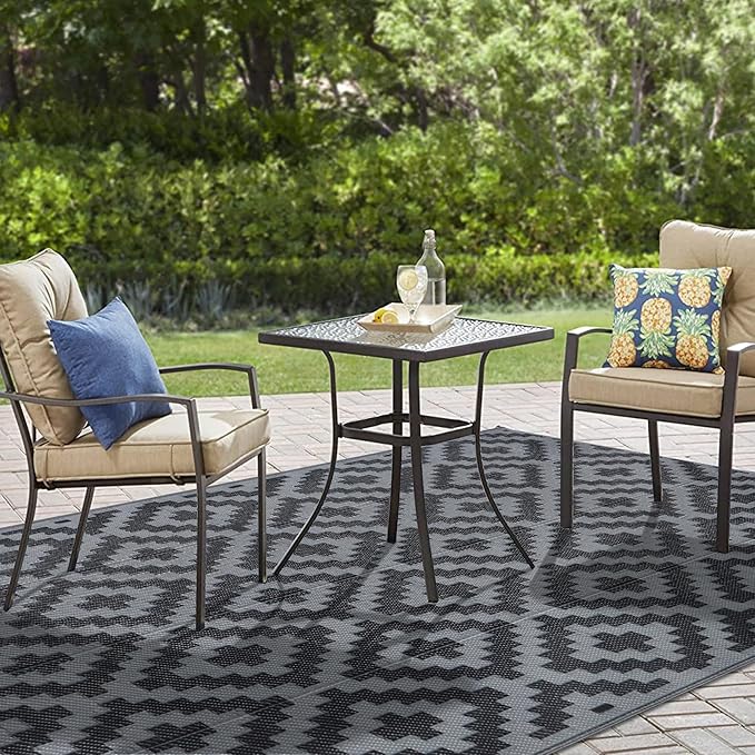 SAND MINE Waterproof Outdoor Rug 5x8 ft, Plastic Reversible Rug, Modern Area Rug, Large Floor Mat for Outdoors, RV, Patio, Backyard, Deck, Picnic, Beach, Camping, Black Grey Lattice
