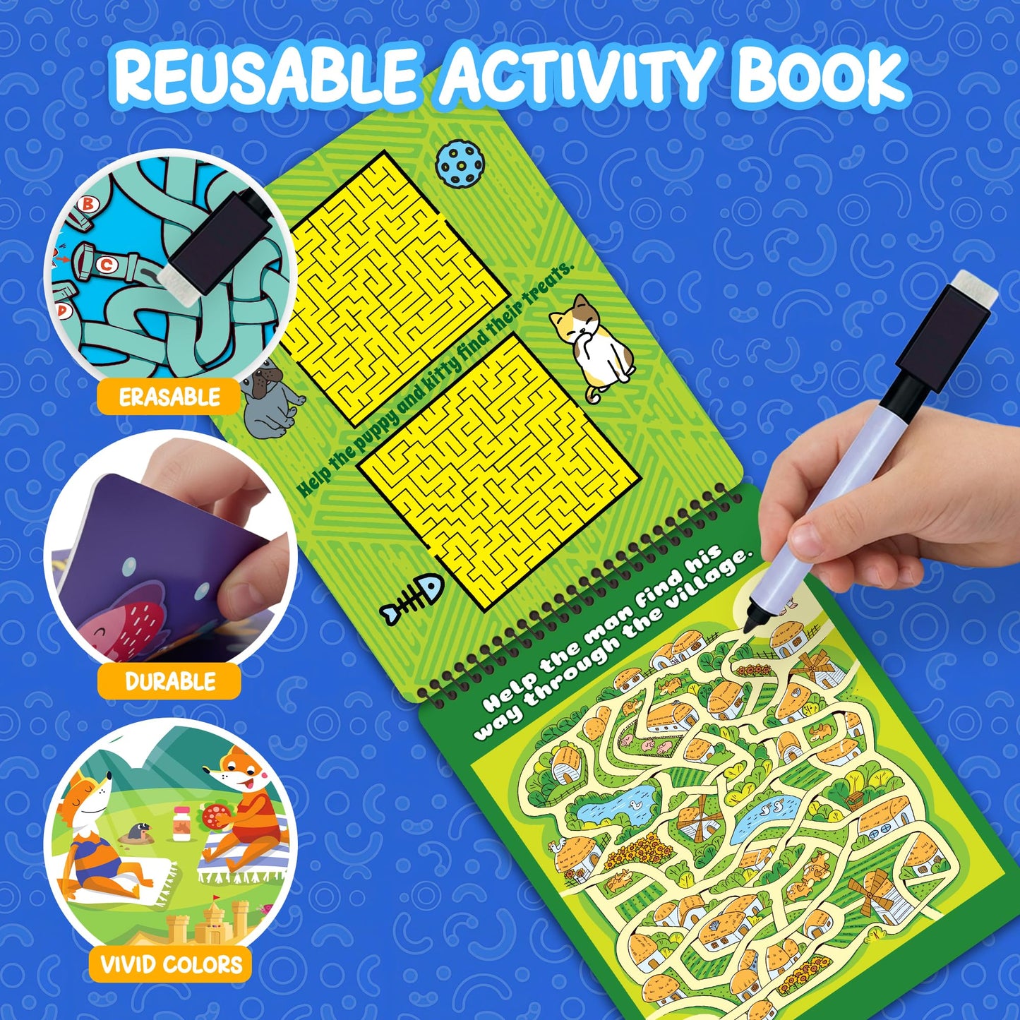 Travel Reusable Activity Books- 2 Pack - Travel Games for Kids, Roads Trip Car Games & Activities Must Haves Essentials, Airplane Activities for Kids, Includes 20+ Learning Games in Each Book