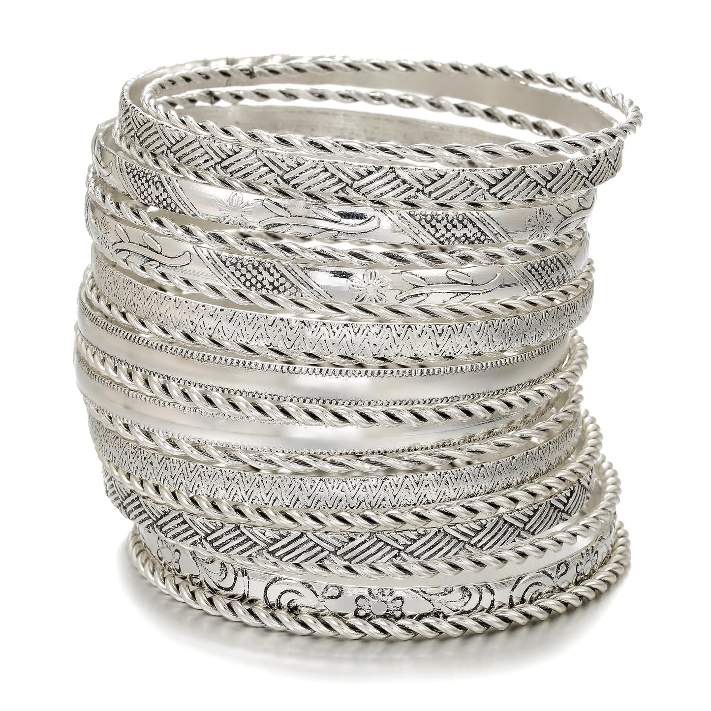 AYWFCBF Silver Bangles Bracelets for Women, 19 Pcs Boho Stackable Indian Bangles Multi Layer Textured Chunky Bracelets Jewelry Set for Women