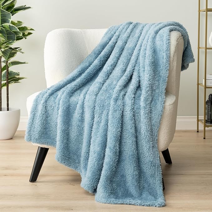 PAVILIA Sherpa Throw Blanket for Couch Sofa, Dusty Slate Blue Fluffy Warm Plush Blanket for Twin Bed, Cozy Super Soft Lightweight Throw, Fuzzy Decorative Blanket, All Season Home, 60x80