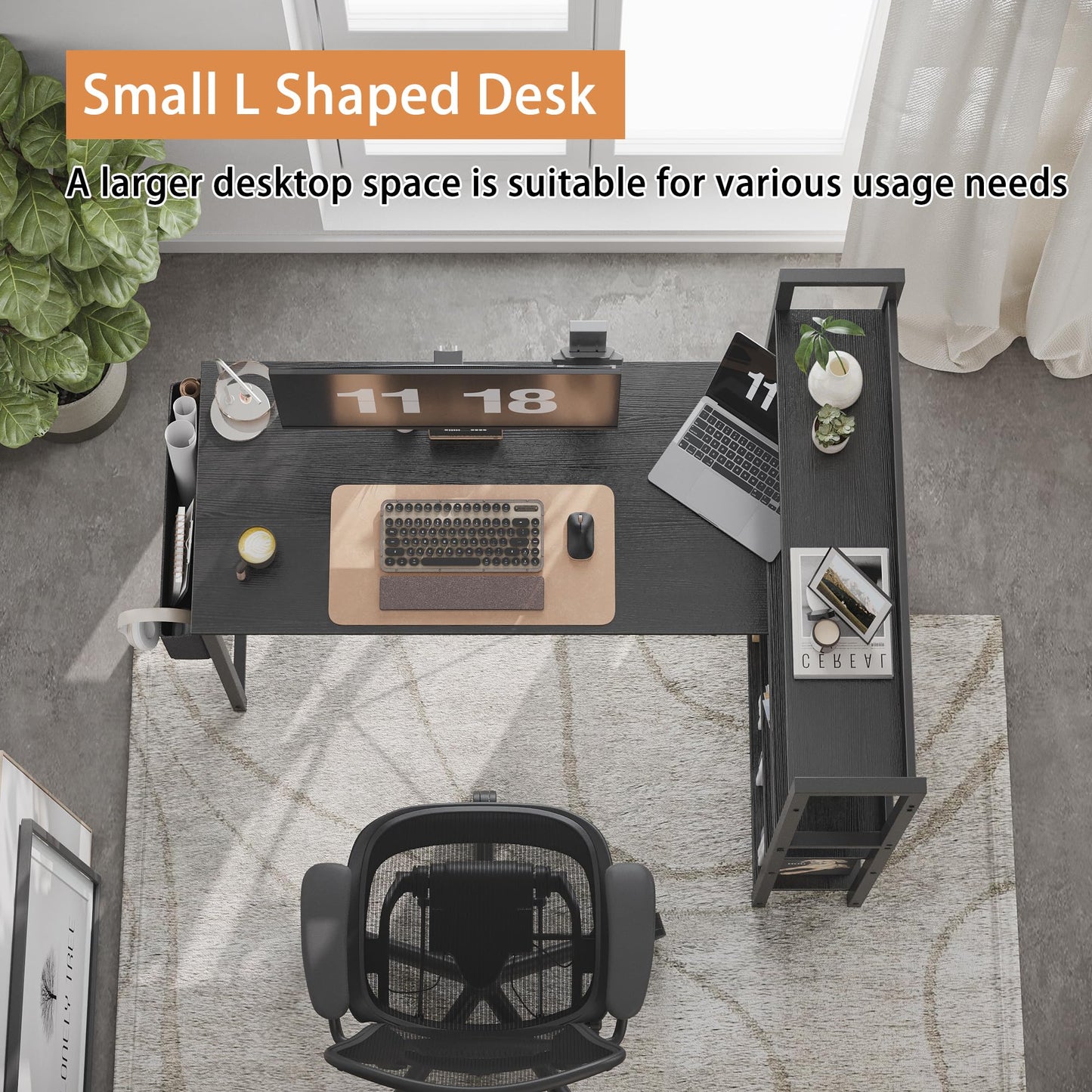Treesland 55 Inch Small L Shaped Desk, Corner Desk with Bookshelf, Home Office Desk, Writing Study Desk for Bedroom, Black