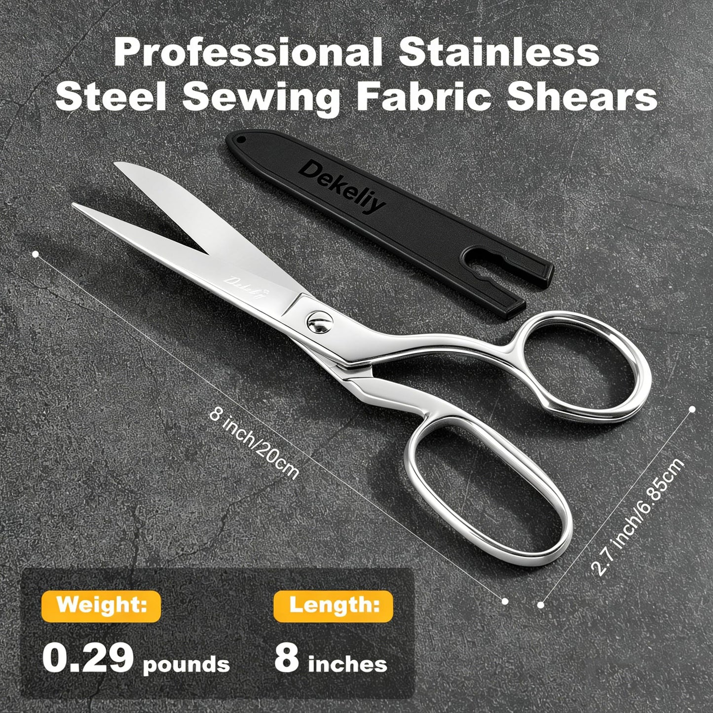 DEKELIY 2 Pack 8" Dressmaker Fabric Scissors, Heavy Duty Stainless Steel Tailor Sewing Shears with Protective Sheath, Multi-Purpose Sharp Fabric Scissors for Cutting Cloth, Thread, and Crafting