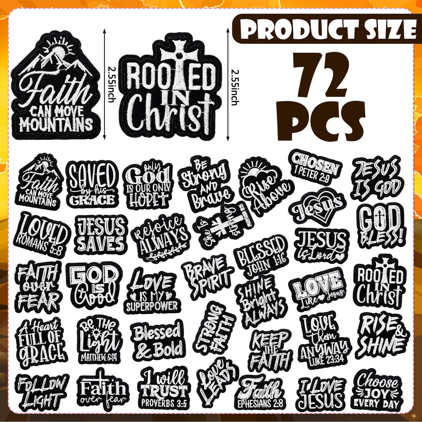 Hahafelt 36 Pcs Black Christian Embroidered Iron on Patches Motivational Bible Verse Religious Sew on Applique Patches for Hat Backpack Jacket Clothes DIY Accessories Decorations