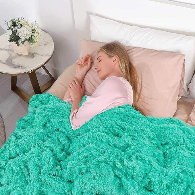 Tuddrom Decorative Extra Soft Faux Fur Throw Blanket 50"x60",Solid Reversible Fuzzy Lightweight Long Hair Shaggy Blanket,Fluffy Cozy Plush Fleece Comfy Microfiber Blanket for Couch Sofa Bed,Teal Blue